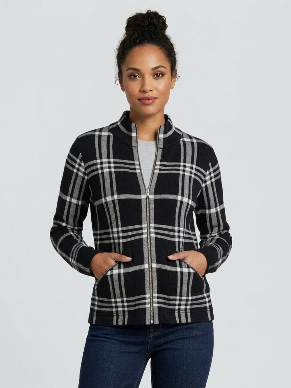 Lauren Ralph Lauren Plaid Knit Zip Sweater Jacket Black White XL